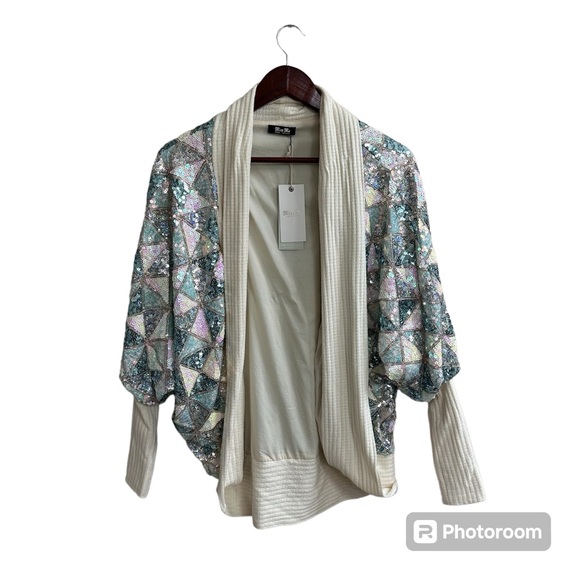 Miss Me Sweaters - Miss Me Geometric Sequin Knit Trim Cardigan